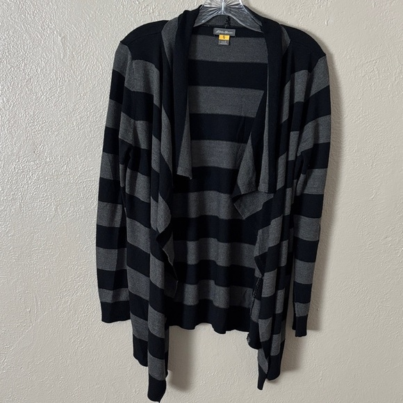 Eddie Bauer Striped Open Soft Wool Blend Sweater Cardigan Large Black Gray - Picture 1 of 4